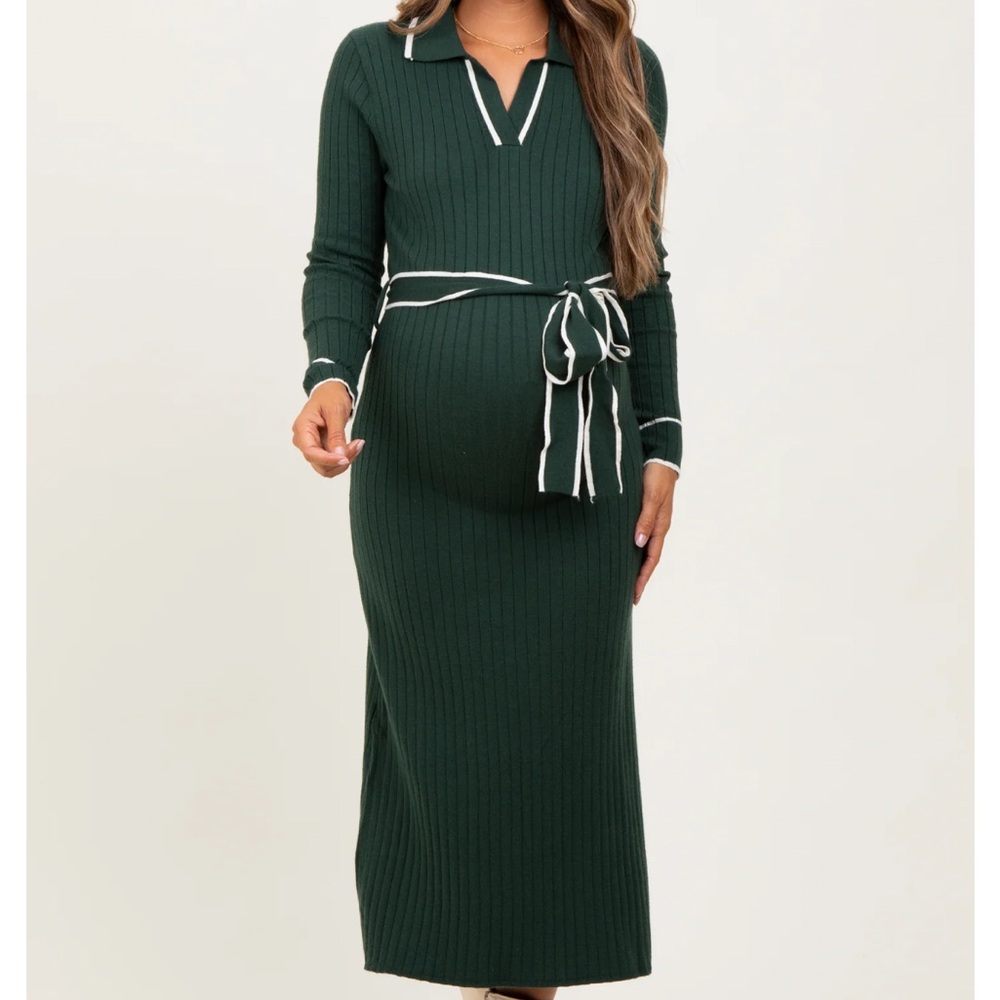 PinkBlush Hunter Green Soft Stretchy Rib Fitted Maternity Sweater Midi Dress